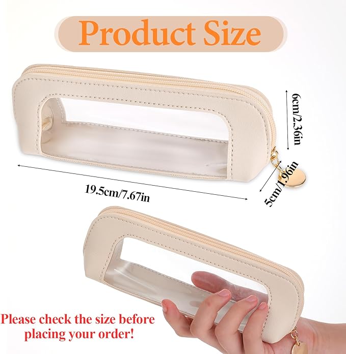 Small Clear Makeup Bag, PU Leather Travel Makeup Brush Case Portable Transparent Waterproof Cosmetic Organizer Pouch with Zipper for Women Home Travel Office Cosmetic Storage (Beige)