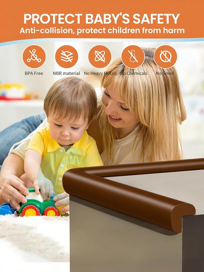 QYV Baby Proof Edge Corner Protector, 6.56FT 0.47''Th L-Shape Furniture Corner & Edge Safety Bumper with 6 Corners, Pre-Taped, Soft NBR Rubber Foam Desk Edge Cushion Wall Corner Protector (Coffee)