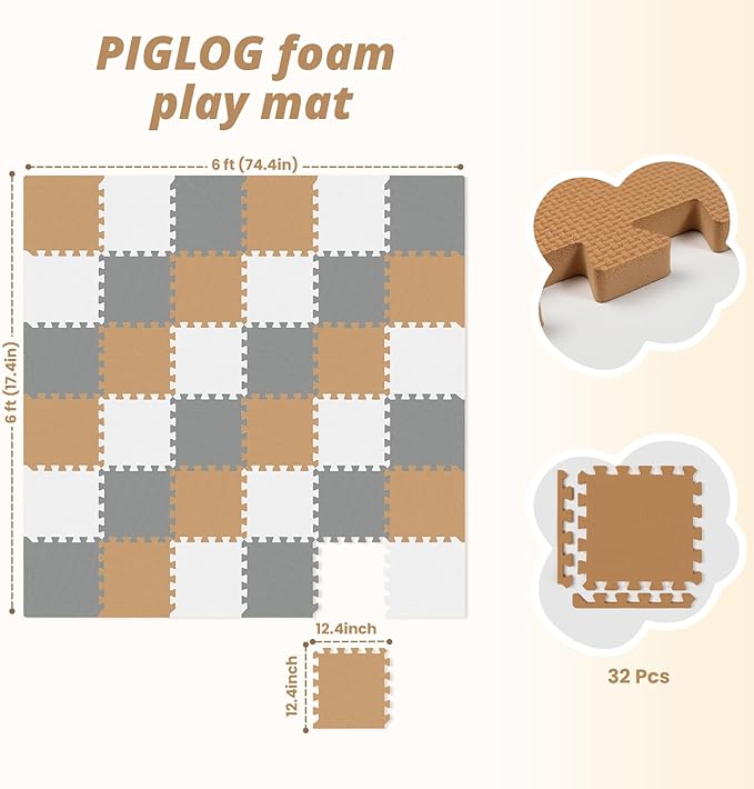 36Pcs Baby Play Mat for Floor, Foam Floor Tiles for Kids with Interlocking, Squares Foam Puzzle Carpet for Playroom,Crawling Rug for Babies 6-12 Months,Toddlers,11.8*11.8*0.6In Each,Grey White Brown