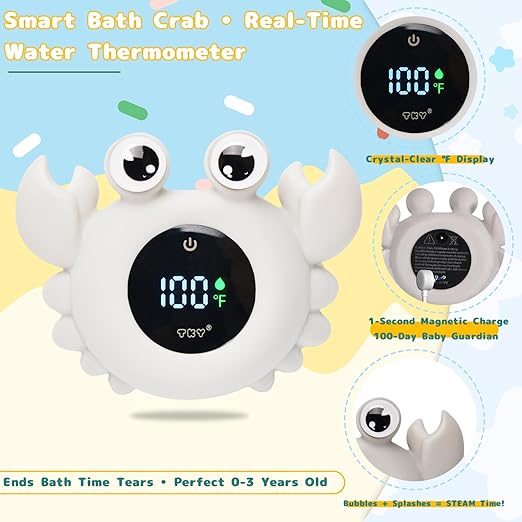 Baby Bath Thermometer with Floating Toys & Room Temperature Monitor - Rechargeable Digital Thermometer with Temperature Alerts, Bath Essentials for Newborns, Infants (Advanced Grey)