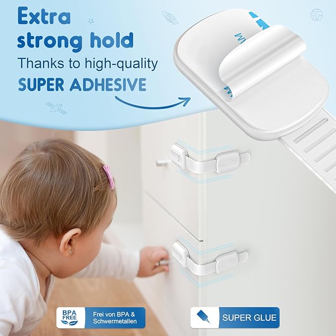 10 Pack Cabinet Locks Baby Proofing, SOGUDE Child Proof Cabinet Locks with Strong Adhesive Child Safety Locks for Refrigerator, Doors, Drawer Locks No Drilling, Cabinet Locks for Babies- White