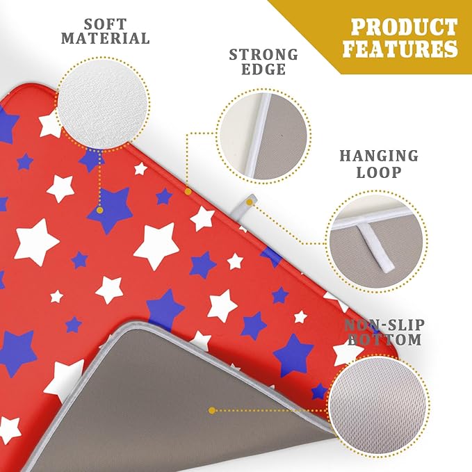 Fourth of July Independence Memorial Dish Drying Mat for Kitchen Counter,Blue White Star Patriotic Red Drying Mat 18 x 24 Inch with High Absorbent Microfiber Dish Drying Mat for Coffee Bar