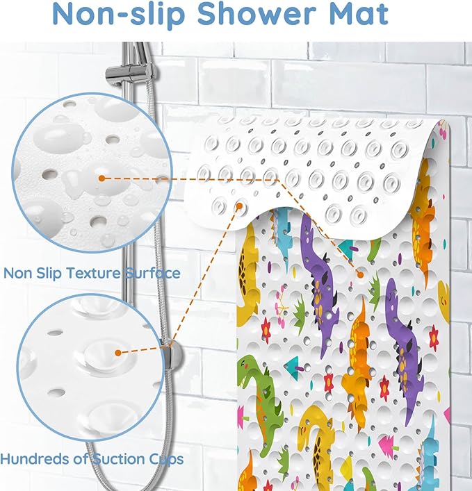 KINUUIS Bathtub Mats for Kids, Cartoon Dinosaur Bath Mat for Tub Non Slip, 40 X 16 Inch Large Washable Bathtub Mat Non Slip for Showers with Drain Holes and Suction Cups