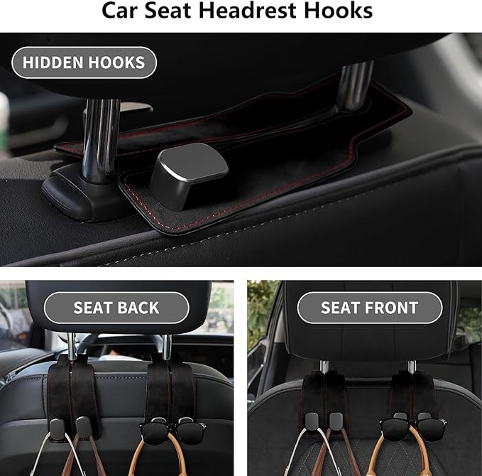 2 Pack Car Hooks for Headrest, Headrest Hooks Car Purse Hook Car Seat Back Storage Hook Premium Leather Car Seat Holder for Headrest Purses and Bags (Black)