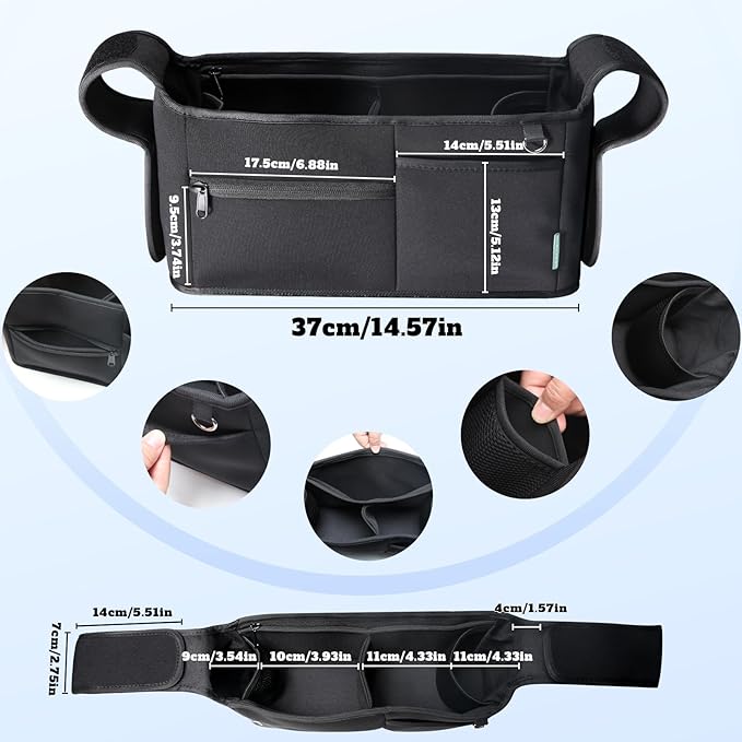 Stroller Organizer, New Fabric Design, Holds 2 Cup Holders for Baby Products, Multiple Pockets for Storing Diapers and Toys, Suitable for All Off-Road Models