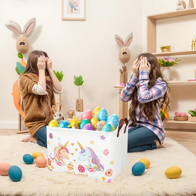 ASKETAM Unicorn Easter Basket for Kid Large Empty Rectangular Cute Easter Gift Storage Basket Bunny Eggs Décor (Unicorn)