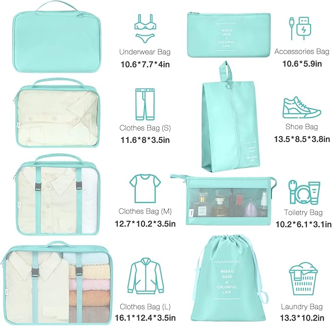 8 Set Packing Cubes for Suitcases, Packing Cube with Shoe, Cosmetics, Clothing, and Accessories Bags Packing Cubes for Travel Luggage Organizer(Blue-Green)