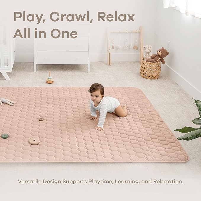 Comfy Cubs Rectangle Kids Play Mat - Large 60 x 96 inches Soft Quilted Baby Floor Mat with Non-Slip Bottom - Plush Design for Toddlers' Playtime- Comfortable and Durable - Blush