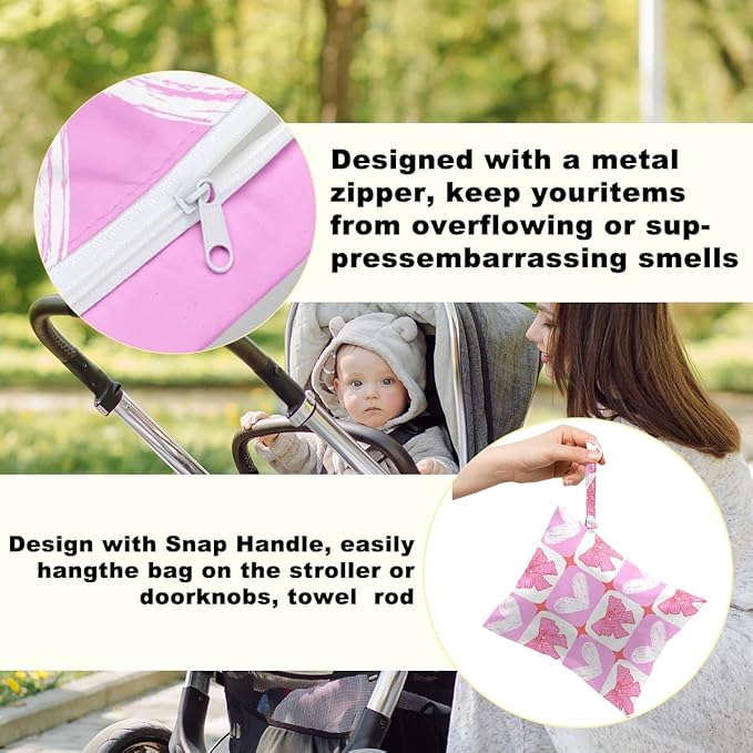 2Pcs Wet Bags, Wet Dry Bag Reusable for Swimsuit, Travel, Diapers, Beach, Dirty Yoga Gym Clothes, Toiletries, Makeup Bag, Waterproof Pink Bow Strawberry Print Birthday Christmas Gifts