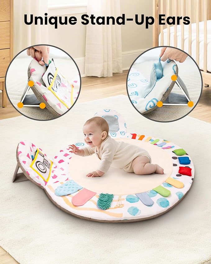 Beavtaens Baby Play Gym, Thickened and Non Slip Activity Mat, 5 Developmental Zones Tummy Time Mat with 5 Detachable Sensory Toys for Motor Skills, Baby Essentials Shower Gift Box(Bear)