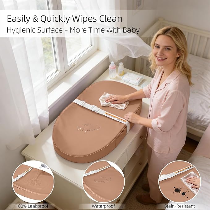 Baby Changing Pad, Waterproof Vegan Leather Wipeable Diaper Changing Pad with Safety Strap Non-Slip Changing Mat for Dresser & Table