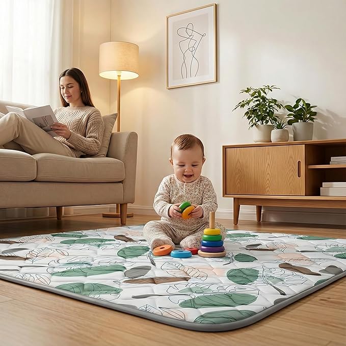 UBRAVOO Baby Play Mats for Floor, Crawling Playpen Mat, Thicken Soft Cushioning Padding Foam Playmate for Baby and Toddlers Infants, Non-Slip & Machine Washable (50" X 50", Leaf)