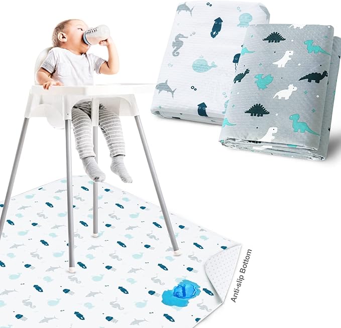 Splat Mat 2 Pack for Under High Chair & Arts & Eating Mess, Waterproof Baby Playtime Anti-Slip High Chair Mat for Floor or Table, Reusable & Portable Splash Mat for Under High Chair, 46" x 42"