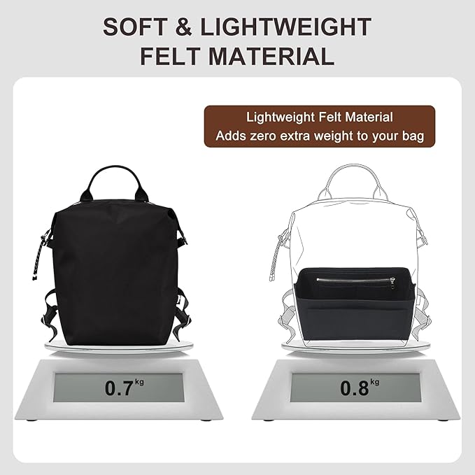 Premium Felt Purse Organizer Insert Compatible with Long Champ Le Pliage L Backpack, Lightwieight Bag Divider Shaper with 8 Pockets & YKK Zipper, Black/LB
