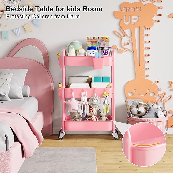 3 Tier Rolling Cart Metal with Lockable Wheels, Pink Three Tiered Diaper Caddy Cart Organizer on Wheels, Storage Utility Trolley Carts for Craft, Art, Nail, Lash, Baby Supplies, Cleaning, Mesh