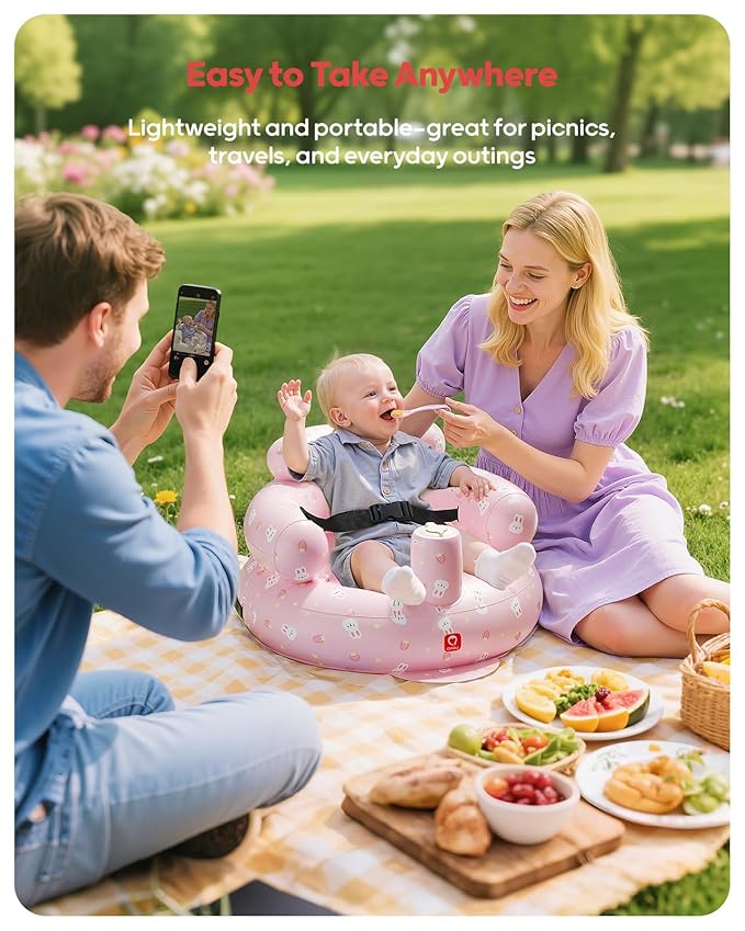 QPAU Inflatable Baby Seat with Safety Harness for Babies 3 Months & Up, Baby Floor Seats for Sitting Up, Baby Seats for Infants, Blow Up Baby Chair with Built in Air Pump (Pink Rabbit)