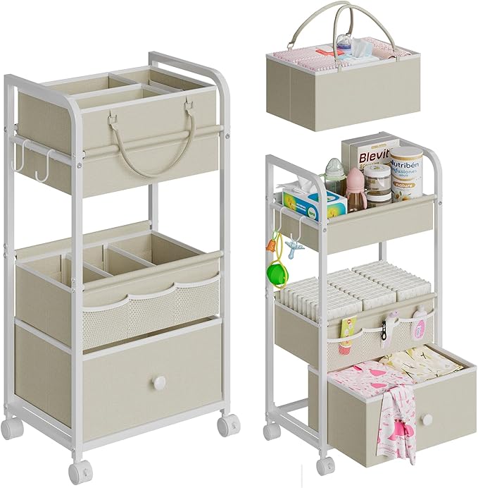2In1 Baby Diaper Caddy Organizer and Storage, 3 Tier Rolling Cart with Drawer, Detachable Dividers, Mobile Utility Cart Baby Dresser Clothes Organizer for Crib, Bedroom, Art & Craft Storage