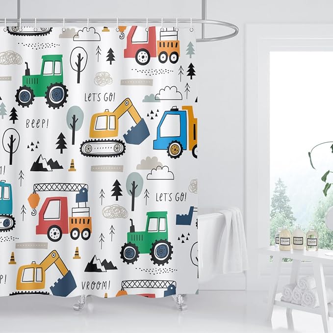 Colourful Construction Truck Shower Curtain Cartoon Excavator Vehicle Tractor Cars for Boys Kids Machinery Bathroom Decor Waterproof Fabric 72Lx72W Inch with Hooks