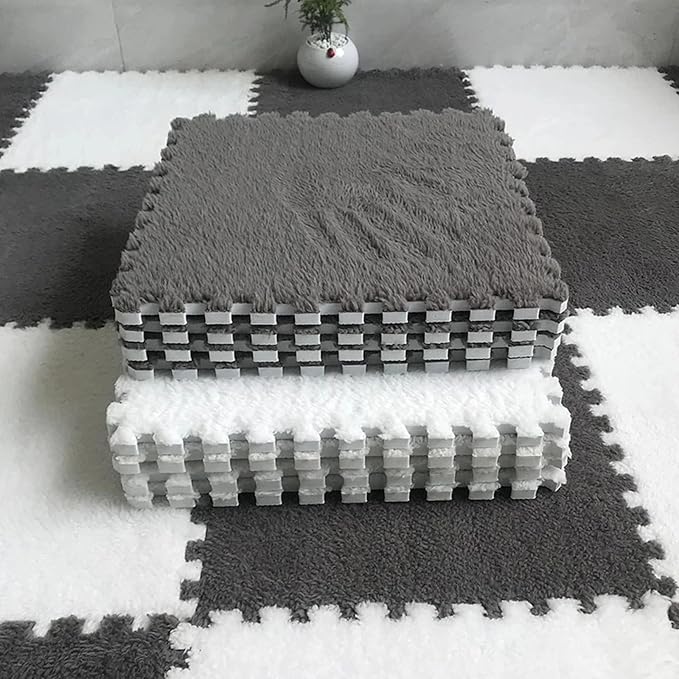 12pcs Plush Puzzle Foam Floor Mat, Soft Fluffy Interlocking Square Foam Tiles Area Rugs Carpet for Parlor Bedroom Decoration(11.8x11.8x0.4in, Grey&White)