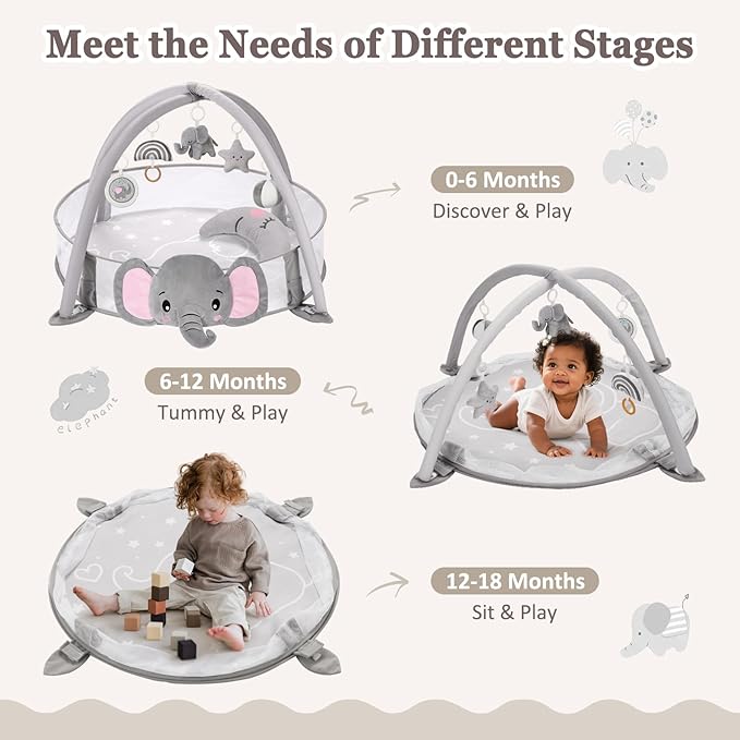 7-in-1 XL Large Baby Play Gym Mat, Tummy Time Mat, Baby Gym & Ball Pit, Baby Activity Mat with Milestone Cards & 6 Detachable Toys for Sensory Motor Skill, Elephant