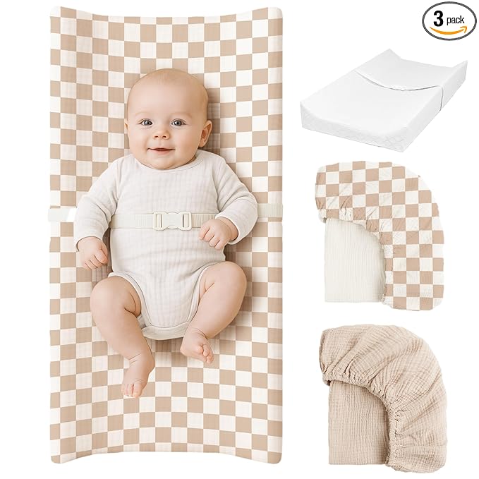 Konssy Muslin Changing Pad with Waterproof Lining Foam, Includes 2 Pack Soft & Cotton Cover, Baby Diaper Changing Pad for Dresser or Table, 32x16 inches (Coffee Check, Cream)