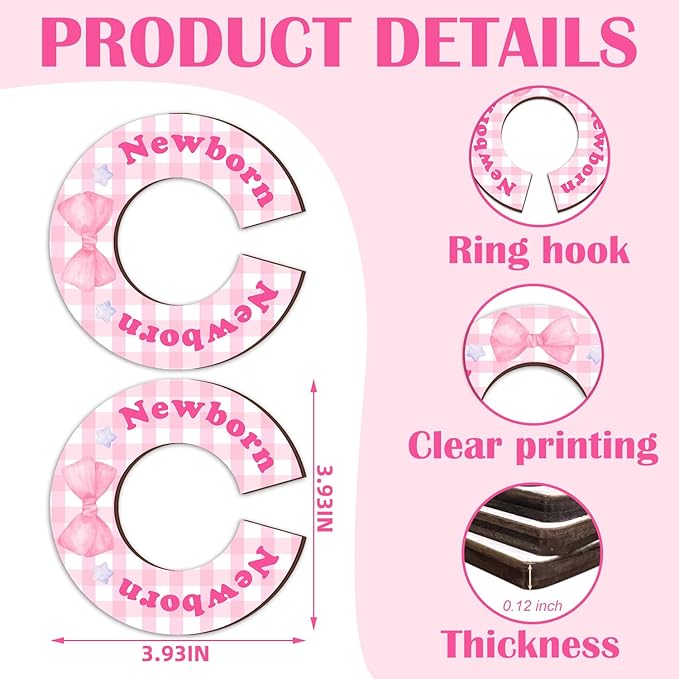 8Pcs Baby Closet Dividers, Pink bow Baby Clothes Dividers for Closet, Newborn Baby Stuff for Baby Girls, Wooden Double-Sided Baby Hanger Organizer from Newborn to Toddler