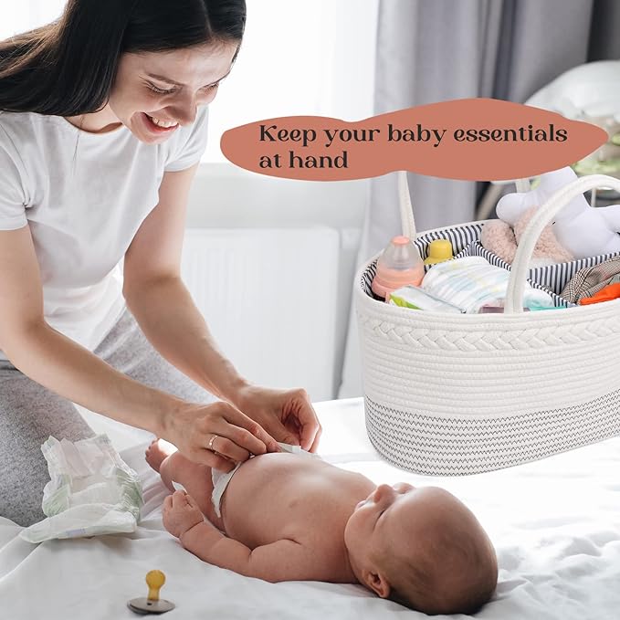 luxury little Diaper Caddy Organizer, Large Cotton Rope Nursery Baby Basket, Changing Table Organizer for Baby Diaper Storage, Portable Car Organizer Removable Divider (Off White, Extra Large)