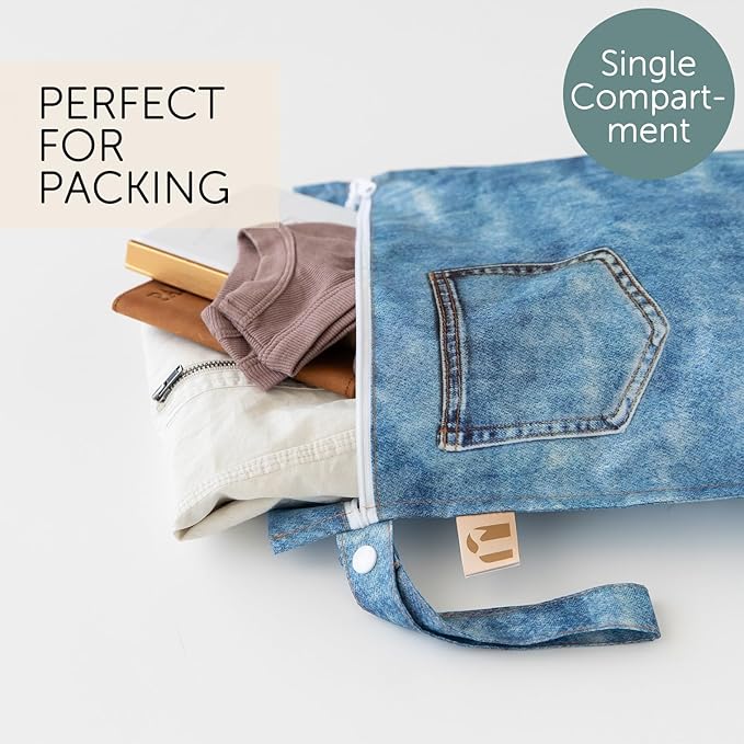 Bumkins Roamio Waterproof Wet Bag for Baby, Travel, Swim Suit, Cloth Diapers, Pump Parts, Pool, Beach, Gym Clothes, Toiletry, Hook to Stroller, Daycare, Zipper Wetdry Packing Pouch, Faux Pocket Denim