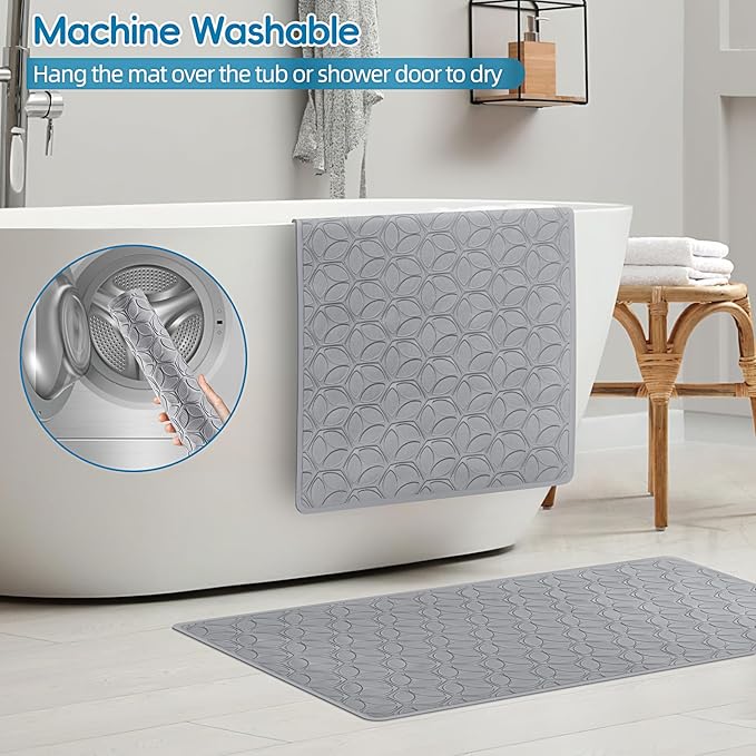 Bathtub Mat Non Slip with Suction Cups - 100% Rubber Bathroom Mat Textured for Bath Tub Shower Safety - Soft on Touch - BPA/PVC Free - Pet Dog Bath Mat - Machine Washable - 16 × 28 Inch（Gray）