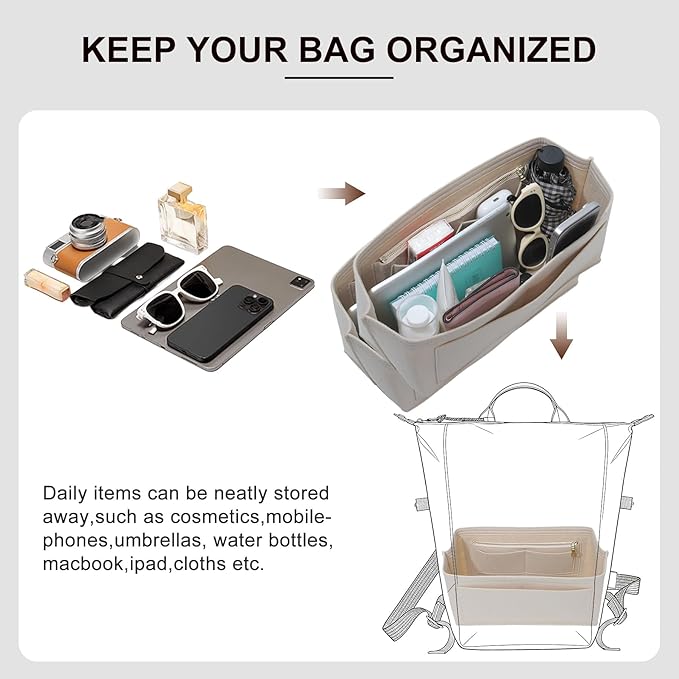 Premium Felt Purse Organizer Insert Compatible with Long Champ Le Pliage L Backpack, Lightwieight Bag Divider Shaper with 8 Pockets & YKK Zipper, Beige/LB
