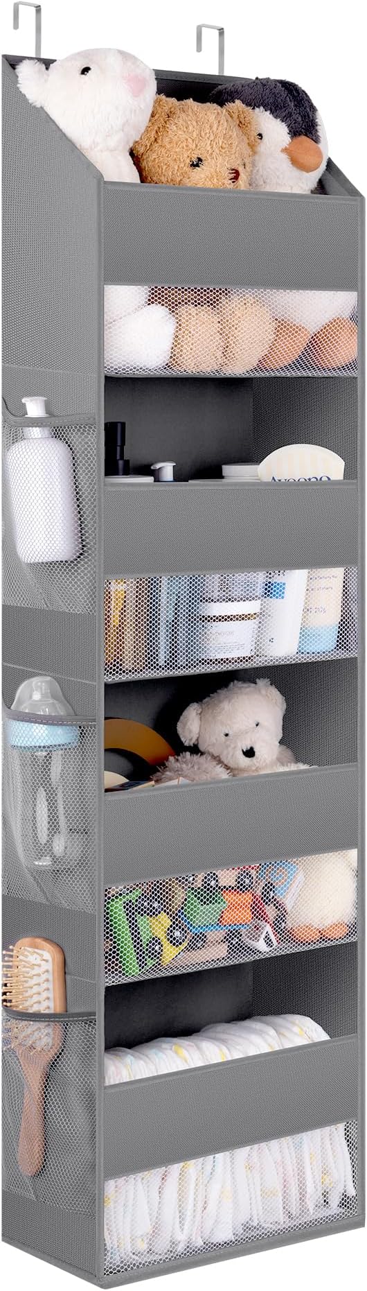 GRANNY SAYS Over The Door Organizer, 4-Shelf Behind The Door Storage with 6 Pockets, Waterproof 300D Oxford Fabric Hanging Organizer, Anti Tilt 35lb Load Hanging Shelf for Nursery, Bathroom, Grey