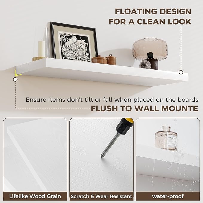 Fun Memories 24 x 12 Inch Deep Floating Shelves, 12 Inch Deep Rustic Wooden Book Shelf, Extra Deeper & Thicker Hanging Shelves for Living Room, Bathroom, Bedroom, Kitchen, Office, Set of 3 (White)