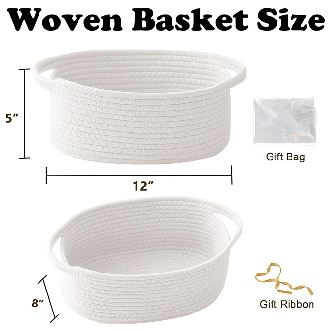 Small Woven Rope Basket-Empty Gifts Basket with Bag and Ribbons,Cute Handle Organizer Box for Birthday/Baby Shower, Toy Storage, Nursery Organizing & Shelf Decor(White)