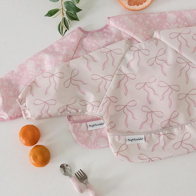 Tiny Twinkle Long Sleeve Bib for Babies & Toddlers | 2-Pack Waterproof Smock Bib for Eating | Machine Washable & Mess-Proof Feeding Essentials | Newborn Shower Gift (Toile,Bows, 6-24M)