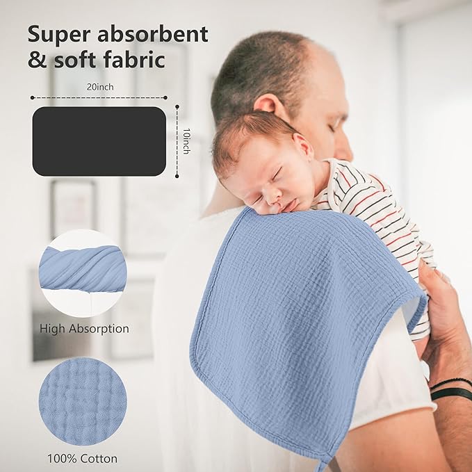 Bearmoss Muslin Burp Cloths, 100% Cotton Baby Burping Clothes, Large Extra Soft Absorbent for Unisex Newborn Boy and Girl, 20x10in, 6 Pack, Blue Print