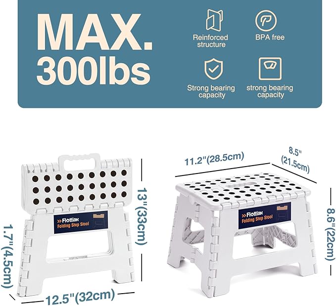 Flottian 9" Folding Step Stool for Adults and Kids Holds Up to 300 lbs,Non-Slip Folding Stools with Portable Handle, Compact Plastic Foldable Step Stool for Bathroom,Bedroom, Kitchen White