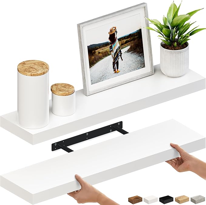 Ballucci Floating Shelves, 36" Wood Wall Shelf Set of 2, with Invisible Brackets for Bathroom, Living Room, Bedroom, Kitchen, Nursery, 6" Deep, White