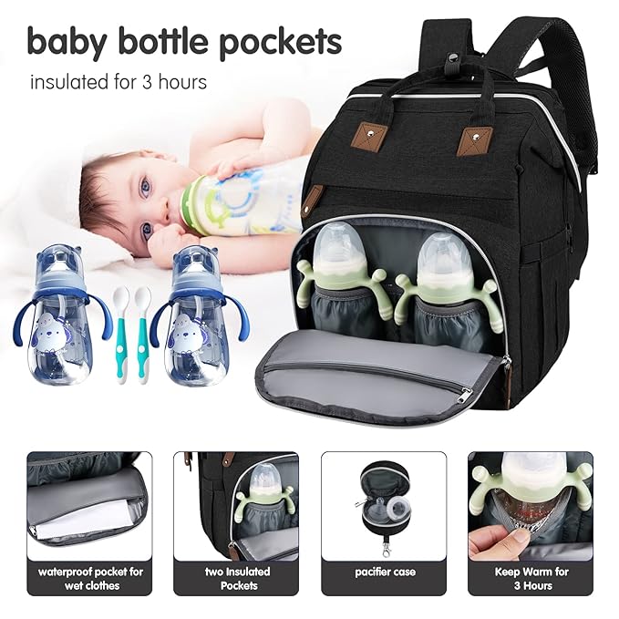 DERJUNSTAR Baby Diaper Bag Backpack with Changing Station, Large Capacity Baby Diaper Bags for Boys Girls, Waterproof Changing Pad, USB Charging Port, Pacifier Case, Sunshade and Toy Bar