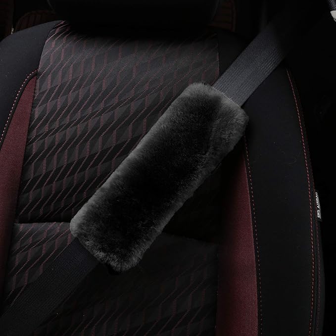 Soft Genuine Sheepskin Wool Auto Seat Belt Cover Seatbelt Shoulder Pad for a More Comfortable Driving, Compatible with All Cars(Black)