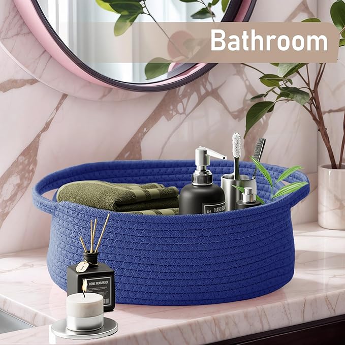 JMvicyroam Woven Basket,Small Rope Storage Bin with Handles & Ribbon Bag, Organizer for Shelves Closets,Gift Basket Empty for Birthday,Books,Dog Toys, Navy Blue/3 Pack
