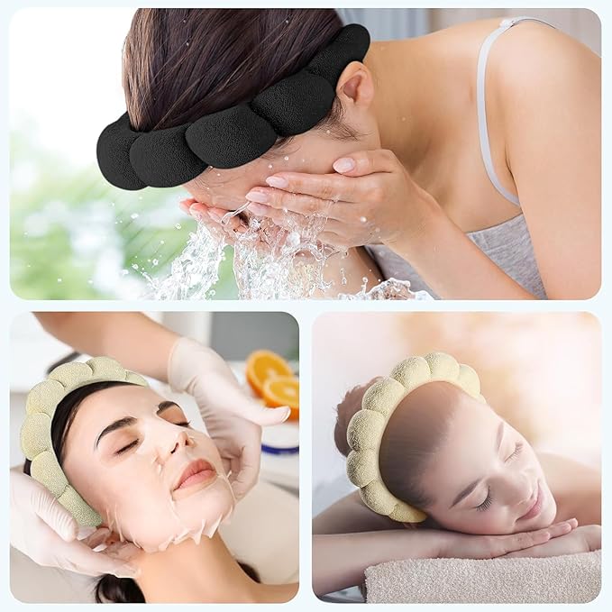 Skincare Headband, Set of 2 - Terry Cloth Face Wash Headband Combo Pack - Puffy Makeup Headbands for Face Washing, Mask (beige + black)