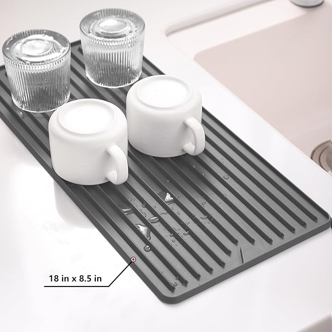 Dish Drying Mat, Elegant Drying Mat for Kitchen Counter, Multipurpose Durable Food Grade Silicone Mat, Non-slip Quick Water Releasing Drying Pad for Dish, 18 x 8.5 Inches Grey