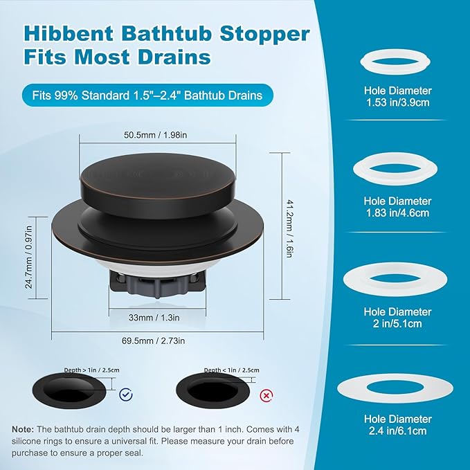 Hibbent 2 Pack 3 in 1 Metal Bathtub Drain Stopper, Universal Pop Up Tub Stopper with Removable Filter Basket, Bathtub Hair Catcher for 1.5''~2.4'' Drain, Brass Bullet Core, Oil-Rubbed Bronze
