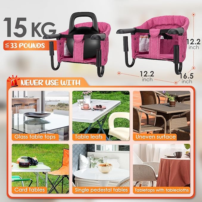 Hook On High Chair - Portable & Foldable for Babies 6-36 Months, Family & Travel Use with Carry Bag(Rose Red)