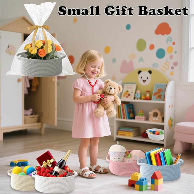 3 Pack Small Woven Rope Basket-Empty Gifts Basket with Bag and Ribbons,Cute Handle Organizer Box for Birthday/Baby Shower, Toy Storage, Nursery Organizing & Shelf Decor(Grey)