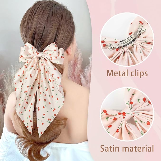 6 PCS Hair Bows for Women, Big Bow Hair Clips for Girls, Silky Satin Hair Bows Clips Oversized Long Tail, Large Cute Aesthetic Hair Accessories, Metal Bow Hair Clips Holiday Gifts Cherry