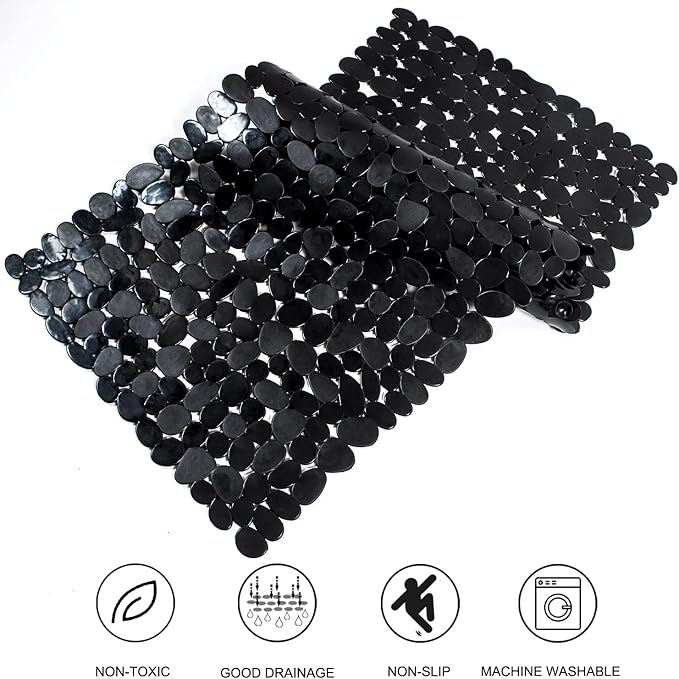 Bath Tub and Shower Mats, Non-Slip Pebble 35 x 16 Inches Machine Washable Bathtub Mat with Drain Holes, Suction Cups for Bathroom (Black)
