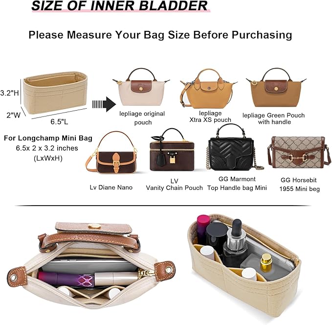 LOUKAYCCI Felt Mini Organizer Insert for Longchamp mini XS Bag,Purse Organizer Insert For Handbag
