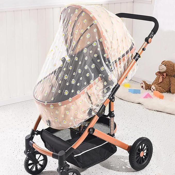 BQSAZHYJ Mosquito Net for Baby Pram, Daisy Print Stroller Netting Cover - Perfect Bug Net for Strollers, Bassinets, Mini Crib, Cradles and Playards (White Daisy)