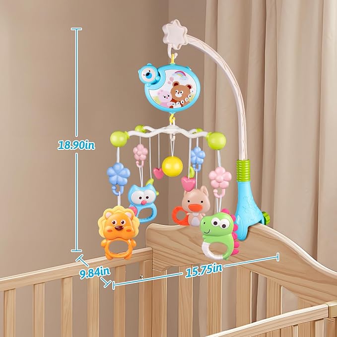 Crib Mobile with Music and Lights, Baby Mobiles for Cribs, Nursery Musical Mobile for Bassinets Toys Hanging Girls Boys, Pack and Play Space Portable Animal Mobile Hanger Arm Clip On Attachment